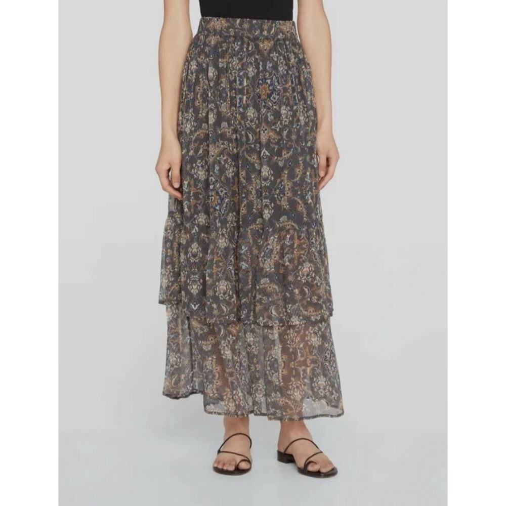 Hannah Artwear Viscose Chiffon Tiered Gray Floral Midi Skirt 3 L $325